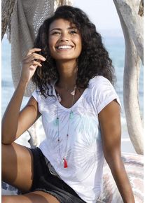 Beach Time BEACHTIME Kurzarmshirt 'mit leicht transparenten Palmen' mehrfarbig Gr. 32/34 für Damen. Tiefer Rundhals und Print. Bequem
