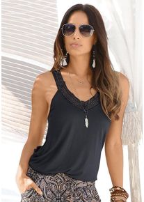 Lascana Strandtop schwarz Gr. 32/34 für Damen. V-Ausschnitt und Spitzenband. Figurumspielend