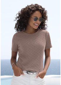 Vivance Kurzarmshirt 'mit modischem Ajour-Muster' taupe Gr. 32/34 für Damen. Mit Rundhals. Figurumspielend