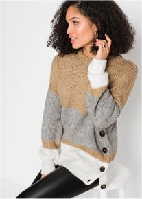 bonprix Gestreifter Oversize-Pullover mit Kn&ouml;pfen, beige, Gr.44/46 (L), Moderner weiter Pullover mit Knopfdetail