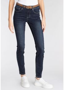 DELMAO Damen Slim-fit-Jeans, blau, Basic, Gr. 34, kontrastfarbene Details, bestickt, Denim/Jeans, Obermaterial: 74% Baumwolle, 24% Polyester, 2%