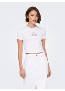 Only Damen Kurzarmshirt "ONLKIRA S/S BLING O-NECK SHORT TOP JRS"hellweiß detail:cherry, modisch, Gr. M, bedruckt, Jersey, Obermaterial: 100%