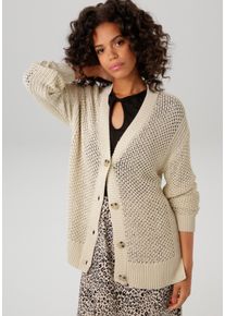 Aniston CASUAL Damen Strickjacke, beige, casual, Gr. 36, unifarben, Ajourstrickmuster, Strick, Obermaterial: 100% Polyacryl, Strickjacken, mit