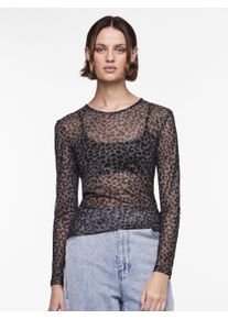 Pieces Damen Langarmshirt "PCNINNI LS MESH TOP NOOS BC", schwarz, casual, Gr. XL, gemustert, animal-print, durchscheinend, transparent, mehrfarbig,