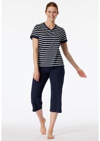 Schiesser Damen Schlafanzug ""Casual Essentials"", Gr. 38, blau, Single Jersey, Obermaterial: 100% Baumwolle, unifarben mit Farbeinsatz, gestreift,