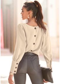 Lascana Langarmbluse beige Gr. 34 für Damen. Rundhals und Kunststoffknopf. Figurumspielend