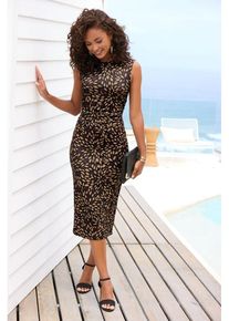 Lascana Midikleid mehrfarbig Gr. 34 für Damen. Hoch Geschlossener Ausschnitt und Allover-Druck. Sehr Figurbetont. Nachhaltig.