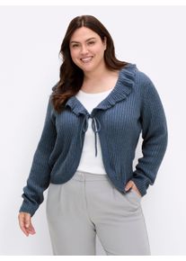 sheego Große Größen Strickjacke mit Kragen in Volantform, jeansblau-meliert, Größe 48/50 - Damen