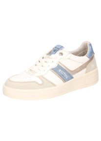 Mustang Shoes Damen Sneaker, Gr. 41sanftes weiß, jeansblau, beige, Lederimitat, kontrastfarbene Details, casual, Schuhe, Retro Sneaker, Schnürschuh