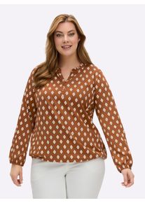 sheego Gro&szlig;e Gr&ouml;&szlig;en Langarmshirt mit R&uuml;schen am Ausschnitt, cognac-ecru-bedruckt, Gr&ouml;&szlig;e 44 - Damen