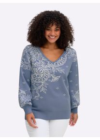 sheego by Joe Browns sheego Große Größen Jacquardpullover mit Blüten, taubenblau-champagner-gemustert, Größe 44/46 - Damen