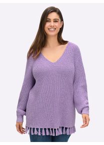 sheego Gro&szlig;e Gr&ouml;&szlig;en V-Ausschnitt-Pullover mit Fransensaum, lavendel-meliert, Gr&ouml;&szlig;e 44/46 - Damen
