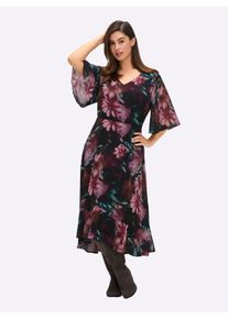 sheego Große Größen Chiffonkleid mit Flügelärmeln und Volants, schwarz-bedruckt, Größe 44 - Damen