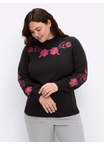 sheego by Joe Browns sheego Gro&szlig;e Gr&ouml;&szlig;en Pullover mit floralen Stickereien an &Auml;rmeln und Kragen, schwarz-gemustert, Gr&ouml;&szlig;e 52/54 - Damen