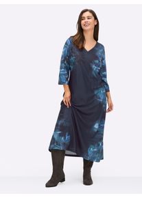 sheego Gro&szlig;e Gr&ouml;&szlig;en Jerseykleid mit streckendem V-Ausschnitt, tiefblau-bedruckt, Gr&ouml;&szlig;e 54 - Damen