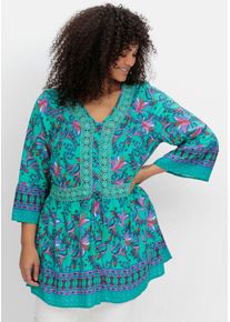 sheego by Joe Browns sheego Gro&szlig;e Gr&ouml;&szlig;en Longbluse im Boho-Look, mit Trompeten&auml;rmeln, aqua-gemustert, Gr&ouml;&szlig;e 46 - Damen