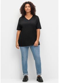 sheego Große Größen T-Shirt mit doppellagigem Vorderteil, schwarz, Größe 52/54 - Damen