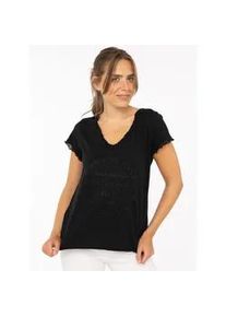 T-Shirt Zwillingsherz "Positive Mind", Damen, Gr. SM (S/M), schwarz, Stoff, Obermaterial: 100% Baumwolle, h&uuml;ftbedeckend, V-Ausschnitt, Shirts T-Shirt, V-Ausschnitt, Kurzarm, Used-Look, Baumwolle, ausgefranste Kanten