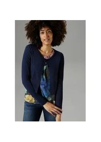 Bolero Aniston SELECTED, Damen, Gr. 42, blau (marine), Jersey, Obermaterial: 94% Viskose, 6% Elasthan, unifarben, Basic, figurumspielend taillenlang, Rundhals, Strickjacken Bolero, mit 2 Kn&ouml;pfen