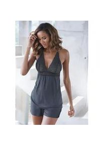 Shorty Lascana, Damen, Gr. 32/34, blau (nachtblau), Single Jersey, Obermaterial: 100% Viskose, figurbetont kurz, tiefer V-Ausschnitt, Homewear-Sets Shorty, mit transparentem Spitzeneinsatz