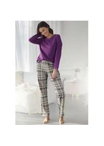 Pyjama Lascana, Damen, Gr. 44, lila (beere), Single Jersey, Obermaterial: 100% Baumwolle, kariert, figurumspielend lang, Rundhals, eingesetzt Babylock, Homewear-Sets Pyjama, mit Flanellhose im Karomuster
