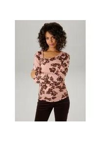 Langarmshirt Aniston CASUAL, Damen, Gr. 38, rosa (altros&eacute;, dunkelbraun), Single Jersey, Obermaterial: 95% Viskose, 5% Elasthan, bedruckt, gebl&uuml;mt, gemustert, sehr figurbetont h&uuml;ftlang, Rundhals, Shirts Langarmshirt, mit asymmetrischem Rundhals-Ausschnitt