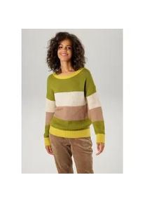 Strickpullover Aniston CASUAL, Damen, Gr. 42, gr&uuml;n (mais, moosgr&uuml;n, beige, camelfarben), Strick, Obermaterial: 75% Polyacryl, 22% Polyamid, 3% Elasthan, colorblocking, geringelt, gestreift, l&auml;ssig geschnitten h&uuml;ftlang, Rundhals, Rippstrickb&uuml;ndchen, Pullover Strickpullover, mit trendfarbenen, breiten Ringeln