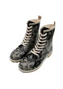 Schn&uuml;rboots DOGO "Long Boots Schn&uuml;rstiefel Supper Blackwhite Damen Stiefeletten", Damen, Gr. 38, Normalschaft, schwarz, Lederimitat, Schuhe Schn&uuml;rboots, Handgefertigt