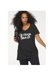 Longshirt Venice Beach, Damen, Gr. 48/50, schwarz, Obermaterial: 60% Baumwolle, 40% Polyester, bedruckt, figurumspielend extralang, herzf&ouml;rmiger Ausschnitt, Shirts Longshirt, Langarm, lockere Passform, mit Logodruck, herzf&ouml;rmiger Ausschnitt