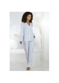 Pyjama Vivance DREAMS, Damen, Gr. 44/46, bunt (blau, rosa, gestreift), Single Jersey, Obermaterial: 50% Baumwolle, 50% Viskose, gestreift, klassisch lang, V-Ausschnitt, eingesetzt abgesteppte Kante, Homewear-Sets Pyjama, mit durchgehender Knopfleiste