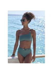 Highwaist-Bikini-Hose Lascana "Yves", Damen, Gr. 40, N-Gr, gr&uuml;n (oliv), Recycling-Polyamid, unifarben, Badehosen, mit edlen Zieraccessoire