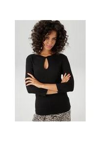 Rundhalsshirt Aniston CASUAL, Damen, Gr. 40, schwarz, Single Jersey, Obermaterial: 95% Viskose, 5% Elasthan, unifarben, figurbetont h&uuml;ftlang, Rundhals, Shirts Rundhalsshirt, vorne raffiniert "gewickelt" mit Tropfen-Ausschnitt