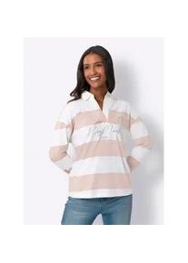 Poloshirt Heine "Poloshirt", Damen, Gr. 38, beige (puder, ecru, bedruckt), 100% Baumwolle, gemustert, mehrfarbig, V-Ausschnitt, Shirts