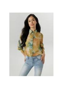 Hemdbluse Aniston SELECTED, Damen, Gr. 36, braun (kiwigr&uuml;n, terra, gr&uuml;n, braun), Chiffon, Obermaterial: 100% Polyester, bedruckt, gemustert, leicht transparent, l&auml;ssig geschnitten Po-bedeckend, V-Ausschnitt, 2-Knopf-Manschette, Blusen Hemdbluse, aus leicht transparentem Chiffon