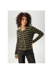 Strickjacke Aniston CASUAL, Damen, Gr. 40, schwarz (oliv, schwarz), Strick, Obermaterial: 75% Polyacryl, 22% Polyester, 3% Elasthan, geringelt, gestreift, l&auml;ssig geschnitten kurz, Rundhals, Rippstrickb&uuml;ndchen, Strickjacken Strickjacke, im Streifen-Dessin