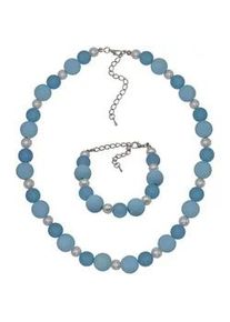 Collierkettchen Steuer "Set Armband und Collier Acrylperlen blau", wei&szlig;, Halsketten, Damen, 48cm, Metall, L: 48 B: 14mm, B:14mm