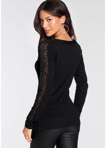 Strickpullover Melrose, Damen, Gr. 34, schwarz, Feinstrick, Obermaterial: 70% Viskose, 30% Polyamid. Spitze: 90% Polyamid, 10% Elasthan, unifarben, tailliert h&uuml;ftlang, U-Boot-Ausschnitt, Pullover Strickpullover, mit U-Boot Ausschnitt und Spitzen&auml;rmeln, Topseller