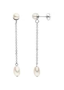 Perlenohrringe Jobo "lang mit Kette", silber (edelstahlfarben), Ohrringe, Damen, Edelstahl Perlen, Edelstahl, Perlen, Edelstahl mit 4 Perlen