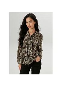 Schlupfbluse Aniston SELECTED, Damen, Gr. 38, schwarz (sand, schwarz), Web, Obermaterial: 100% Polyester, bedruckt, gemustert, l&auml;ssig geschnitten h&uuml;ftbedeckend, V-Ausschnitt, 1-Knopf-Manschette, Blusen Schlupfbluse, mit modischen Animal-Print, Topseller