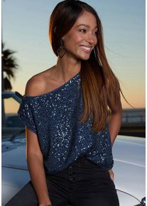 Lascana Paillettenshirt blau Gr. 32/34 für Damen. One-Shoulder Tragbar und Pailletten. Figurumspielend