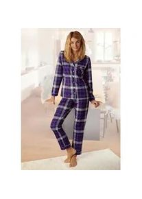 H.I.S. Pyjama H.I.S, Damen, Gr. 44, blau (blau, kariert), Flanell, Obermaterial: 100% Baumwolle, Basic normal, V-Ausschnitt, Manschette kontrastfarben, Homewear-Sets Pyjama, aus Flanell mit Allover-Karomuster