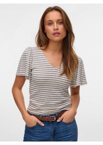 Véro Moda VERO MODA Damen T-Shirt "VMGINA 2/4 SHORT TOP JRS GA NOOS"oatmeal stripes:schwarz, modisch, Gr. XS, gestreift, Jersey, Obermaterial: 51% Viskose, 37%