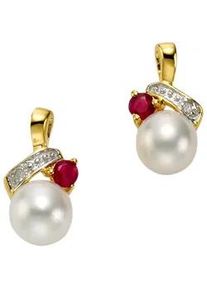 Paar Ohrstecker Firetti "Schmuck Geschenk Gold 333 Ohrschmuck Farbstein Edelstein Rubin", rot (gelbgoldfarben, wei&szlig;goldfarben, rot, rot), Ohrringe, Damen, 0,01 P1 = bei 10-facher Vergr&ouml;&szlig;erung erkennbare Einschl&uuml;sse, Diamanten Gelbgold 333 Perlen, Diamanten, Gelbgold 333, Perlen, mit Rubin - mit S&uuml;&szlig;wasserzuchtperle - mit Diamanten