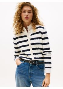 Tommy Hilfiger Damen Strickjacke "CO CABLE MID GG C-NK LS CARDI"ivory silk, schwarz night navy stp, casual, Gr. XXXL, gestreift, Strick,