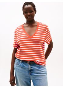 Damen V-Shirt "CRV SLIM CODY V-NK SS"classic breton orange, ecu, casual, Gr. 50, Tommy Hilfiger Curve, gestreift, Single Jersey, Obermaterial: 100%