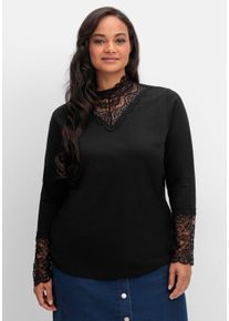 sheego Große Größen Stehkragenshirt mit Reißverschluss im Nacken, schwarz, Größe 42 - Damen