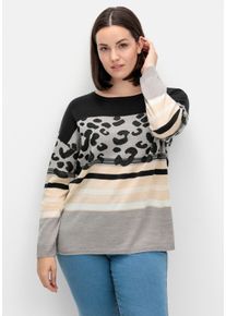 sheego Gro&szlig;e Gr&ouml;&szlig;en Rundhalspullover im Animal-Print, weich, schwarz-ecru-gemustert, Gr&ouml;&szlig;e 56 - Damen