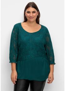 sheego Große Größen Chiffonbluse mit Baumwoll-Spitze, petrol, Größe 52 - Damen