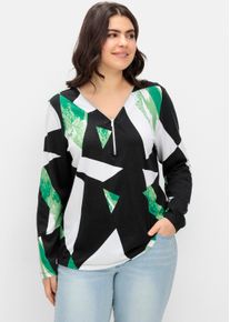 sheego Große Größen Shirt mit krempelbaren Ärmeln, schwarz-apfel-gemustert, Größe 50 - Damen