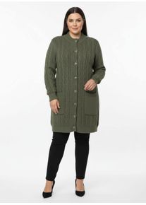 sheego Große Größen Longstrickjacke mit Zopfmuster, khaki, Größe 48 - Damen
